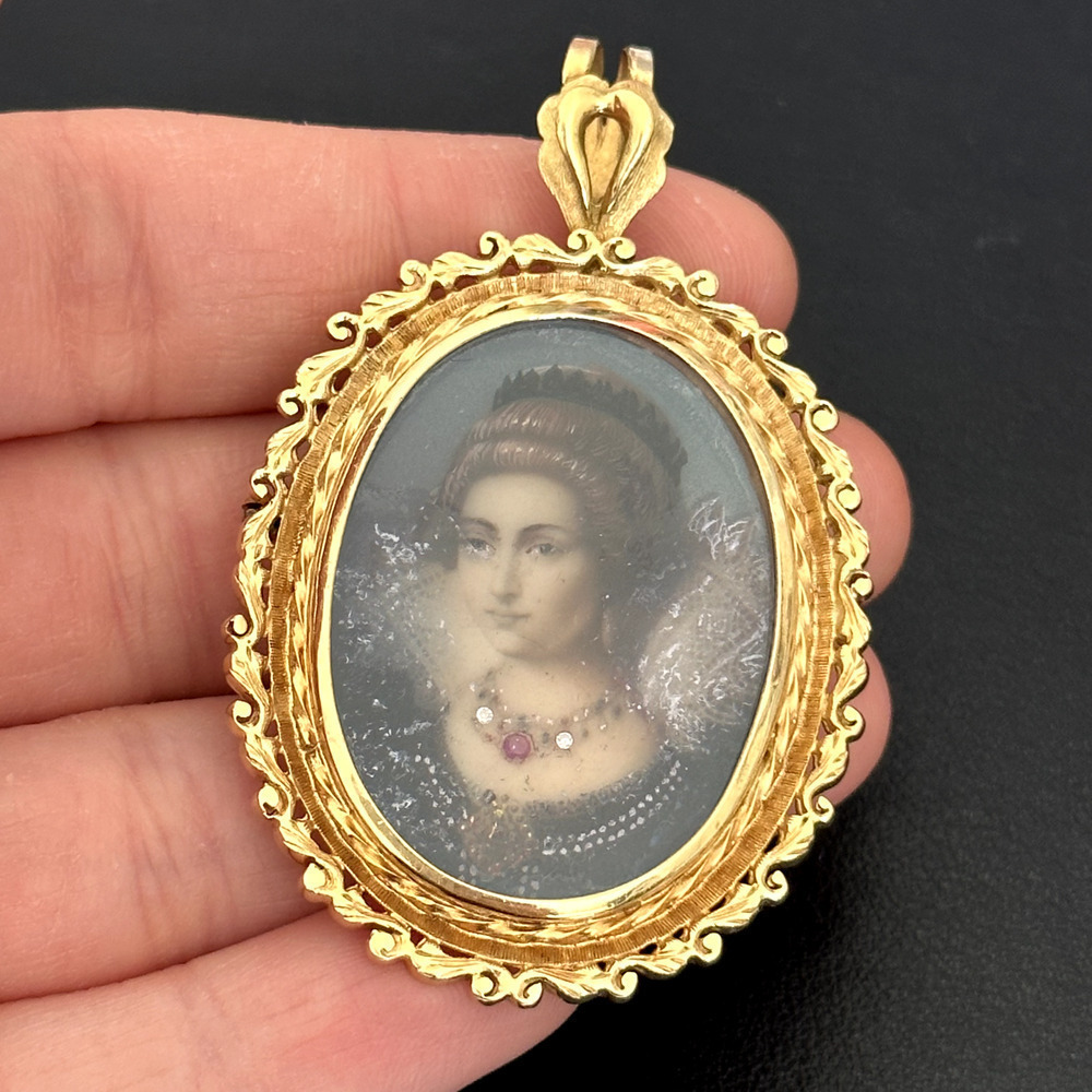 18K 750 Yellow Gold Antique Portrait Floral Scroll Framed Woman Pin Pendant - Picture 5 of 16